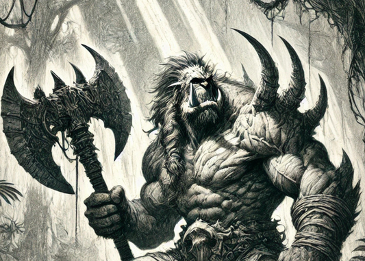 An image of a Hekati warrior from the YA Fantasy novel The Jar of Dreams. The Hekati warrior is in the jungle holding a large two headed axe.