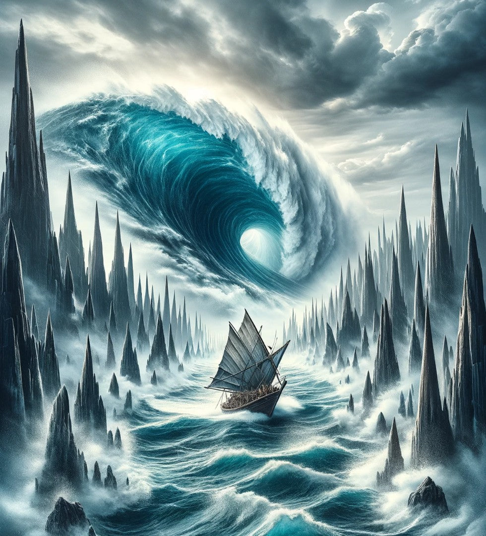 Image of a sail boat sailing through the treacherous channel in the ocean of zalpaz known as hell's needles. Behind the boat is a huge wave rushing towards it, trying to swallow it up.