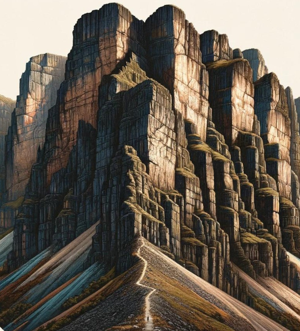 Image of a thin pathway leading to imposing cliffs.