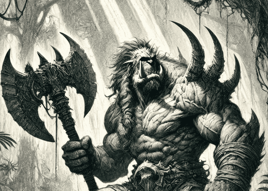 An image of a Hekati warrior from the YA Fantasy novel The Jar of Dreams. The Hekati warrior is in the jungle holding a large two headed axe.