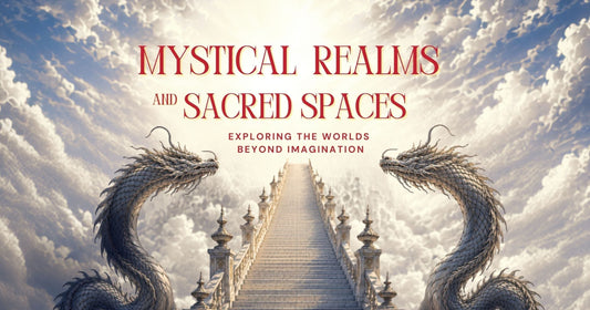 Illustration of two dragons guarding marble steps that are leading into the sky. The copy reads Mystical Realms and Sacred Spaces. Discovering the worlds beyond imagination.